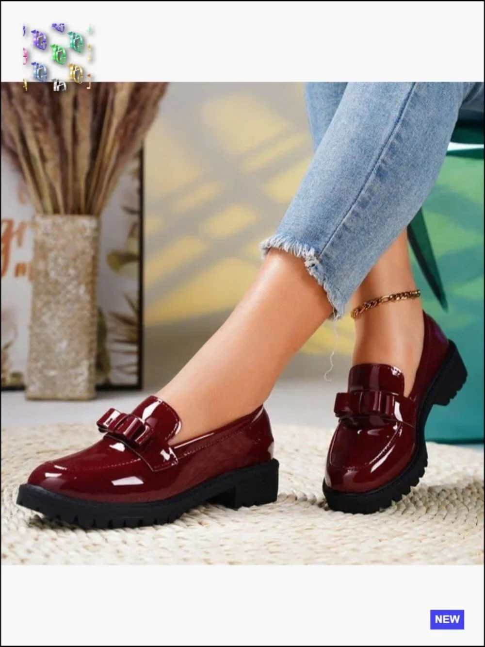 Patent Leather Chunky Heel Loafers Metal Buckle Lug Sole Platform Slip On Penny